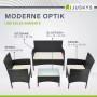 Juskys Polyrattan Sitzgruppe Fort Myers, schwarz mit cremeweißen Bezügen, bestehend aus Sofa, Tisch und zwei Sesseln.