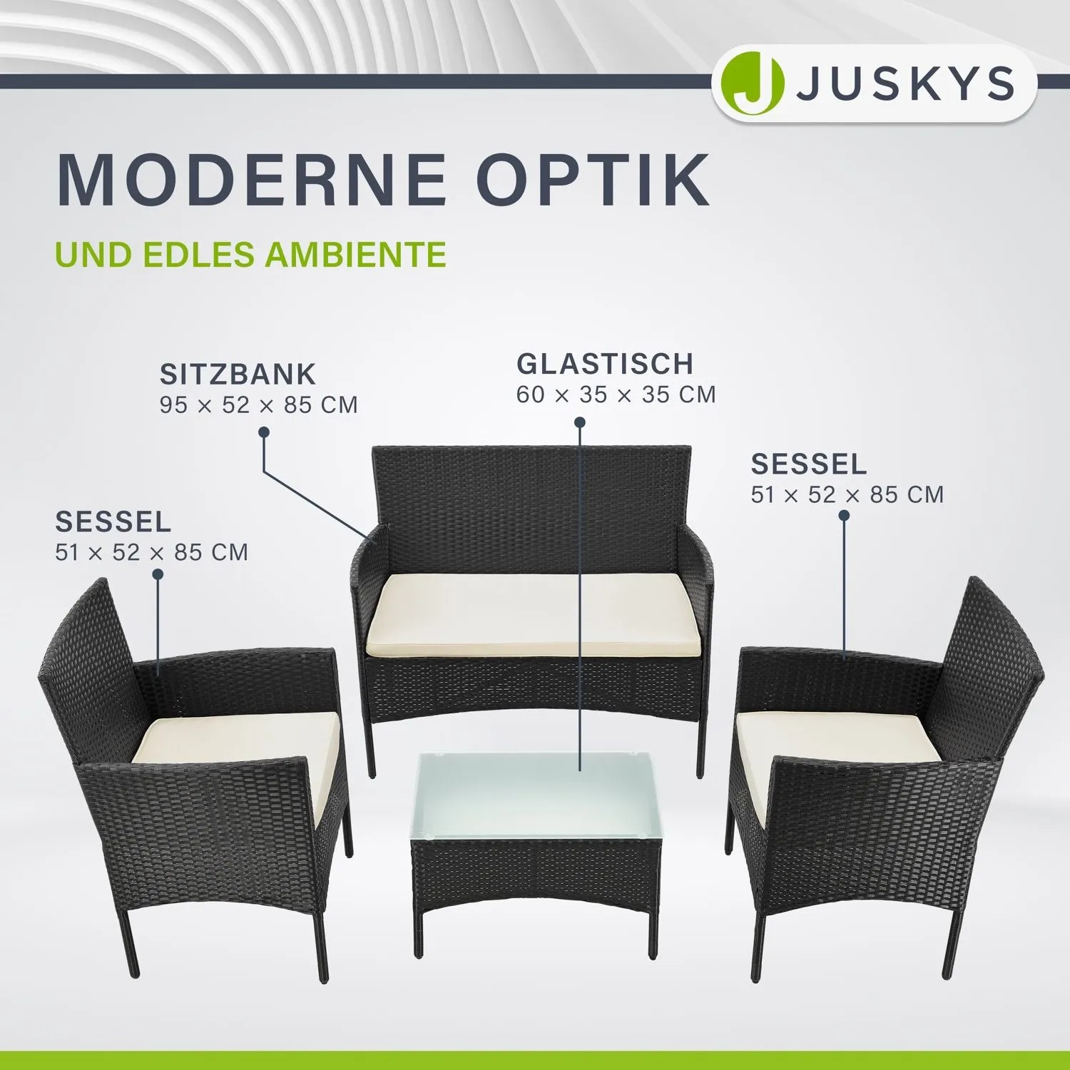 Juskys Polyrattan Sitzgruppe Fort Myers, schwarz mit cremeweißen Bezügen, bestehend aus Sofa, Tisch und zwei Sesseln.