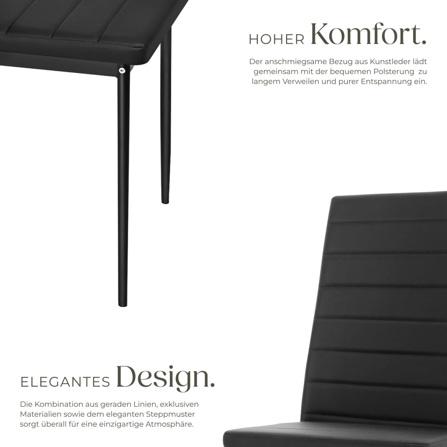 Tectake Esszimmerstuhl Thomas, 4er Set, schwarz, mit Kunstlederbezug und hoher Rückenlehne.