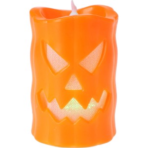 Orange LED-Kerze im Halloween-Design mit Kürbisgesicht, 9cm hoch. Stimmungsvolle Halloween-Dekoration.