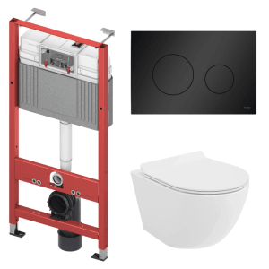 KOLMAN WC-Komplettset: rotes Vorwandelement, weißes Wand-WC mit Sitz, schwarze Betätigungsplatte mit zwei Spültasten.