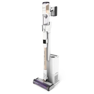 Shark Akkusauger Detect Pro mit Absaugstation, ein Bodenstaubsauger in Weiß und Gold.