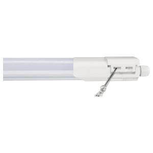 Detailaufnahme: Weiße E2 Elektro LED Feuchtraum-Lichtleiste Plus S (18W) mit Schraubendreher.