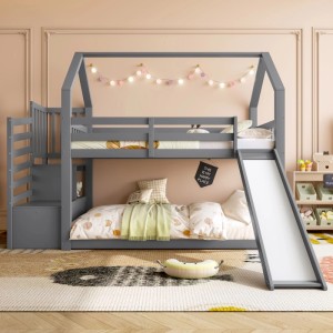Graues okwish Kinder-Etagenbett mit Rutsche, Treppe und Stauraum, ohne Matratze.