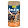 Tetra FunTips Fischfutter-Tabletten für Zierfische. Blaue Dose, Tablette an Aquarienscheibe mit Fischen.