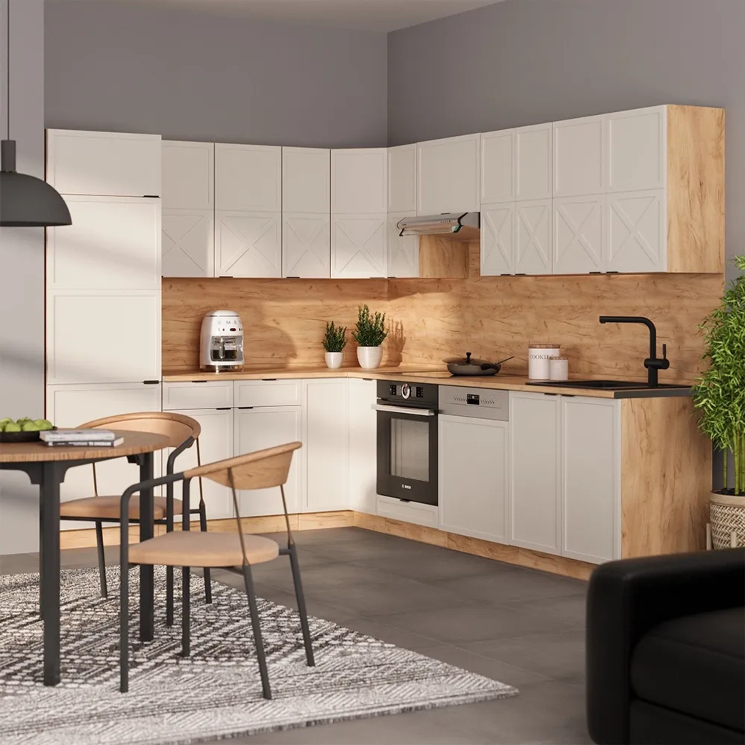 Moderne Vicco Fame-Line Eckküche in GrauBeige/Goldkraft Eiche mit Esstisch und Stühlen.