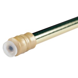 Detailaufnahme: Goldene Klemmstange mit Schraubtechnik und transparentem Gummipuffer.