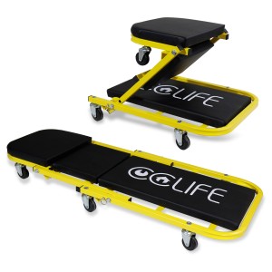 CCLIFE Werkstattrollbrett/Montageliege 2in1, gelber Rahmen, schwarze Polster, bis 150kg belastbar.