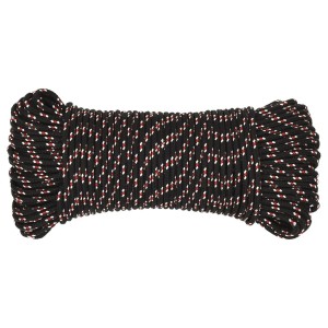 Schwarzes Bootsseil (5 mm, 25 m) aus Polypropylen, aufgerollt.