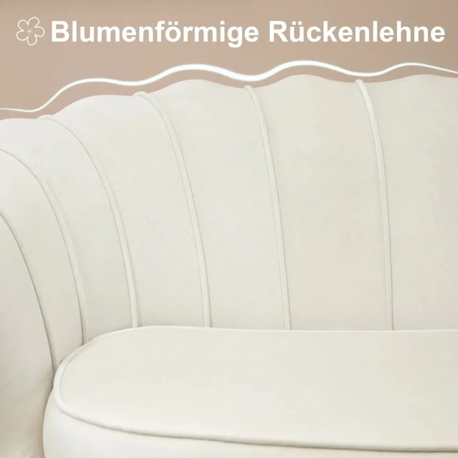 Cremeweiße Rückenlehne des HOMCOM 2-Sitzer-Sofas aus Samtimitat mit blütenblattförmigem Design und vertikalen Steppnähten.