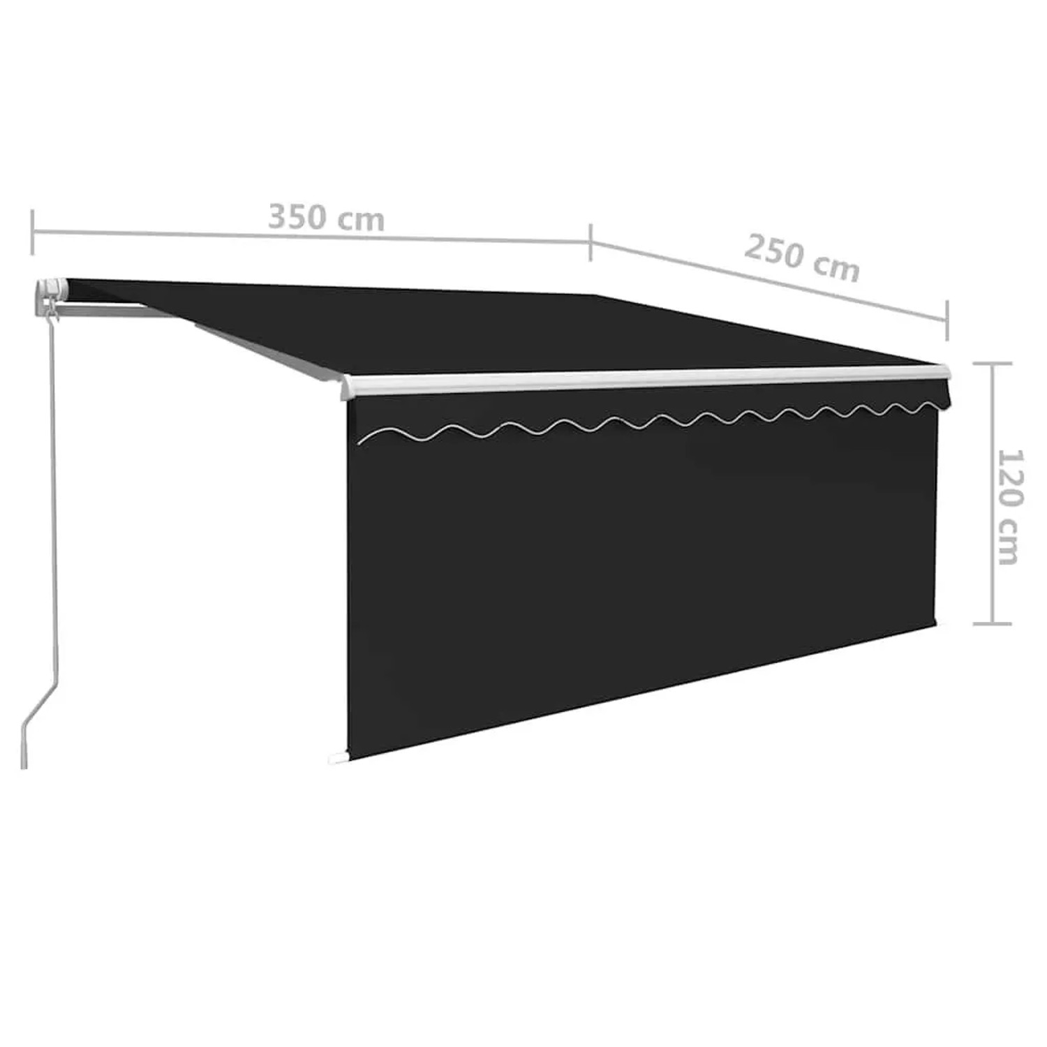 Anthrazitfarbene manuelle Markise mit weißem Rahmen und integriertem Rollo, 3,5x2,5 m, Kurbelantrieb.