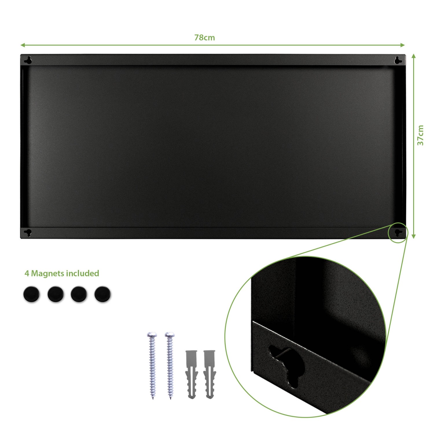 Schwarze Magnettafel 78x37cm aus Metall mit 4 Magneten und Aufhängung für Wandmontage.