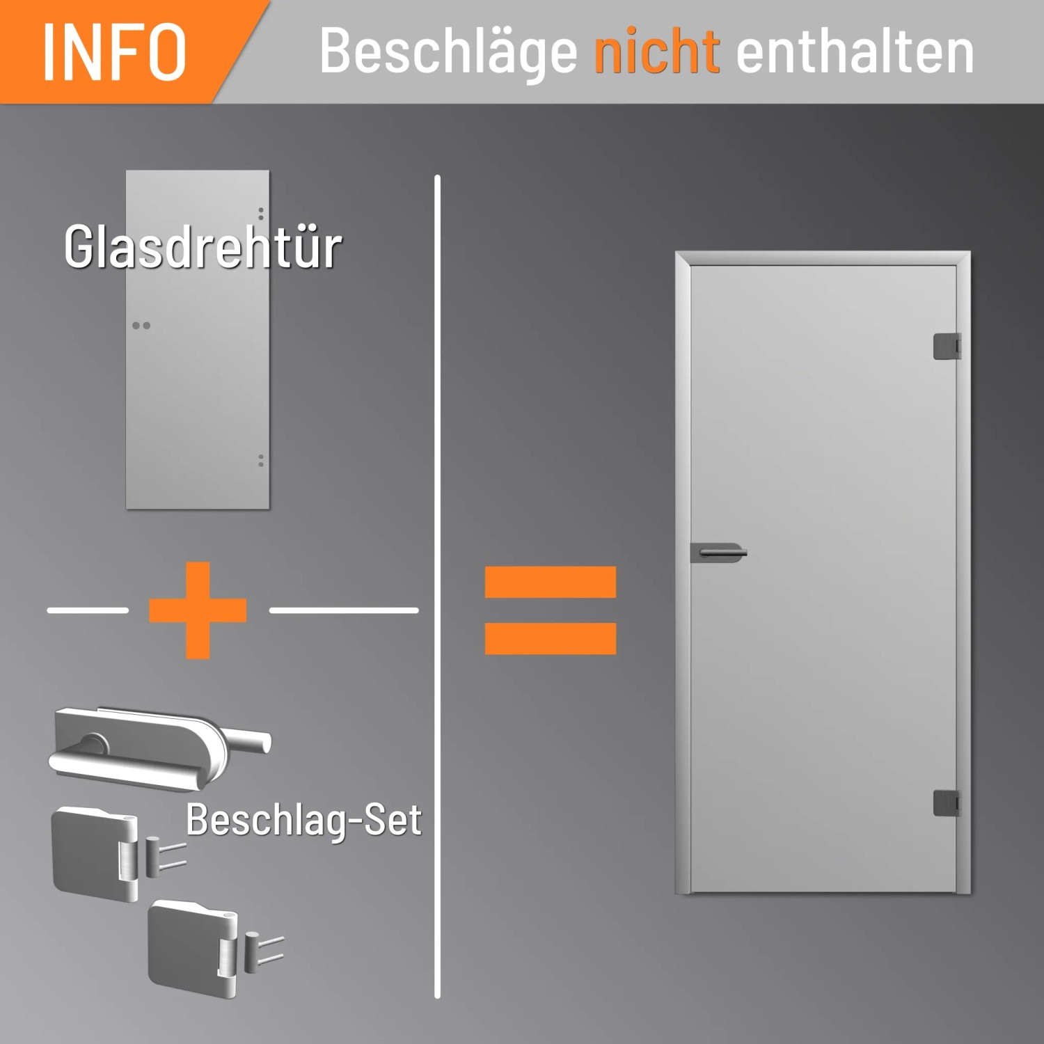 Grafik: Levidor Glastür mit Beschlag-Set ergibt montierte Glastür. Beschläge nicht enthalten.