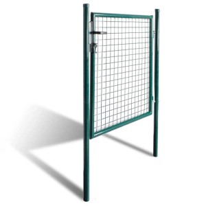 Dunkelgrünes Gartentor aus pulverbeschichtetem Stahl mit Gitterfüllung, zwei Pfosten und Riegel.
