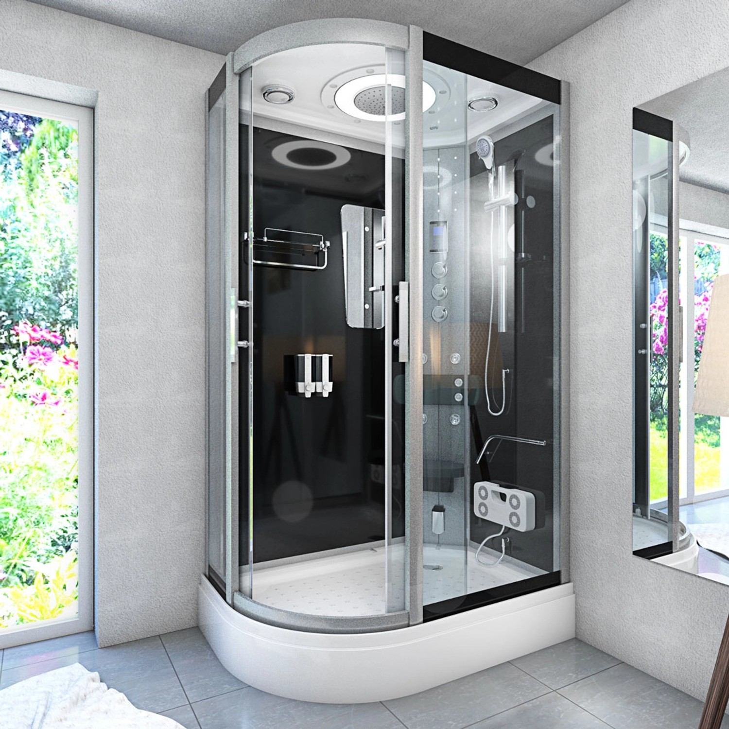 AquaVapore Duschkabine D60-73T3L, 120x80 cm, mit Dampfsauna Funktion und schwarzer Rückwand.