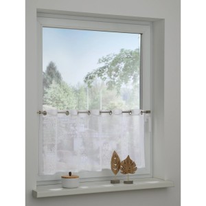 Weiße Bennetti Bistrogardine Ausbrenner Formen, 45x135 cm, mit Lochleiste am Fenster.