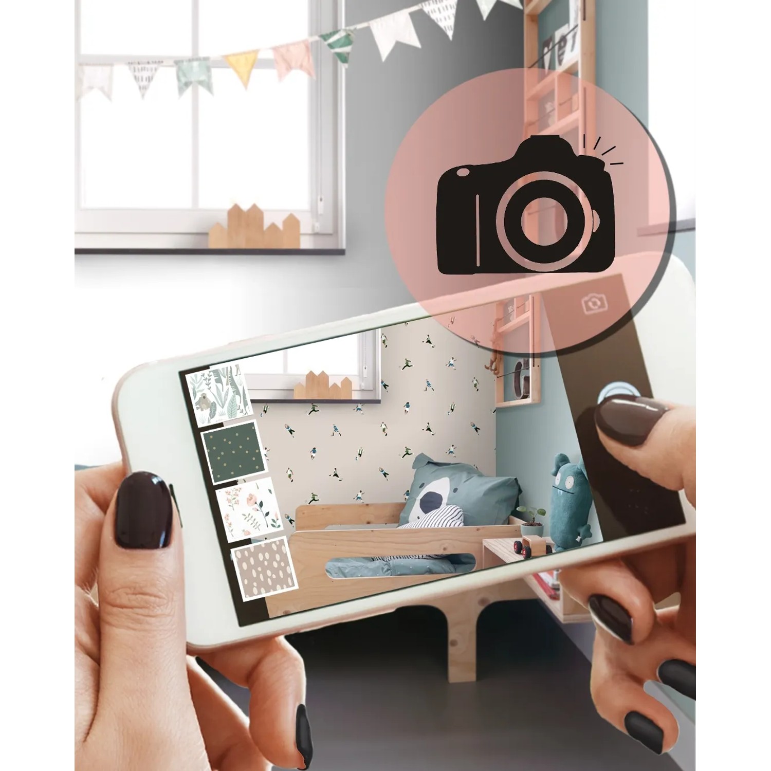 Hände visualisieren ESTAhome Vliestapete Fußballspieler Beige im Kinderzimmer per Smartphone. Dekorative Tapete für Wände.