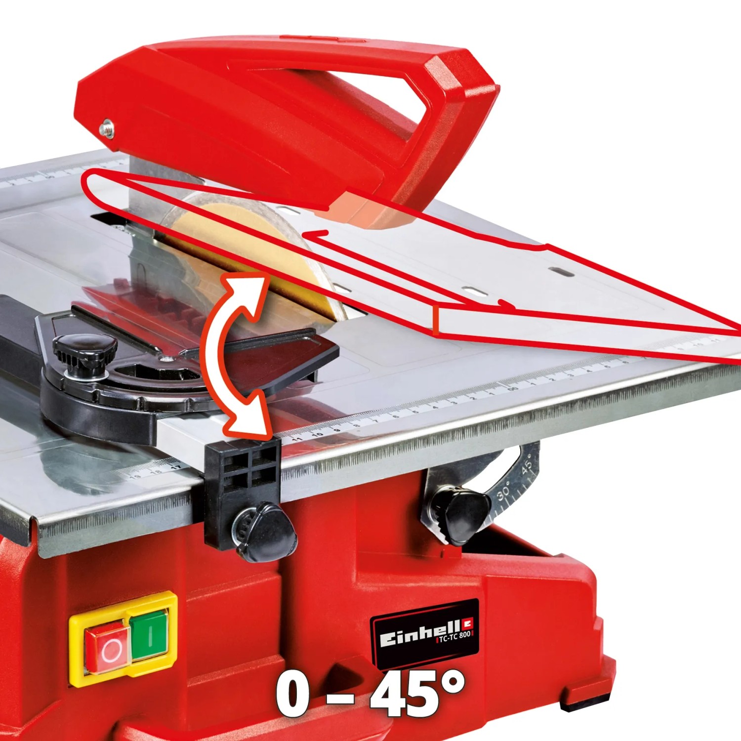 Einhell TC-TC 800 Fliesenschneidmaschine mit neigbarem Tisch und Winkelskala.
