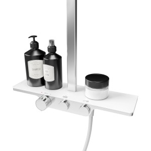 Schulte Duschsystem Rain II mit Ablage White Style Thermostat und Pflegeprodukten.
