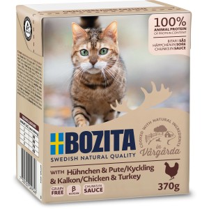Bozita Katzen-Nassfutter Häppchen in Soße Hühnchen & Pute, 370g Packung mit Katzenmotiv.