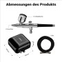 Airbrush Kompressor Set: Pistole mit 0,3mm Düse, 7ml Becher, Kompressor, Schlauch. Maße der Sprühgeräte.