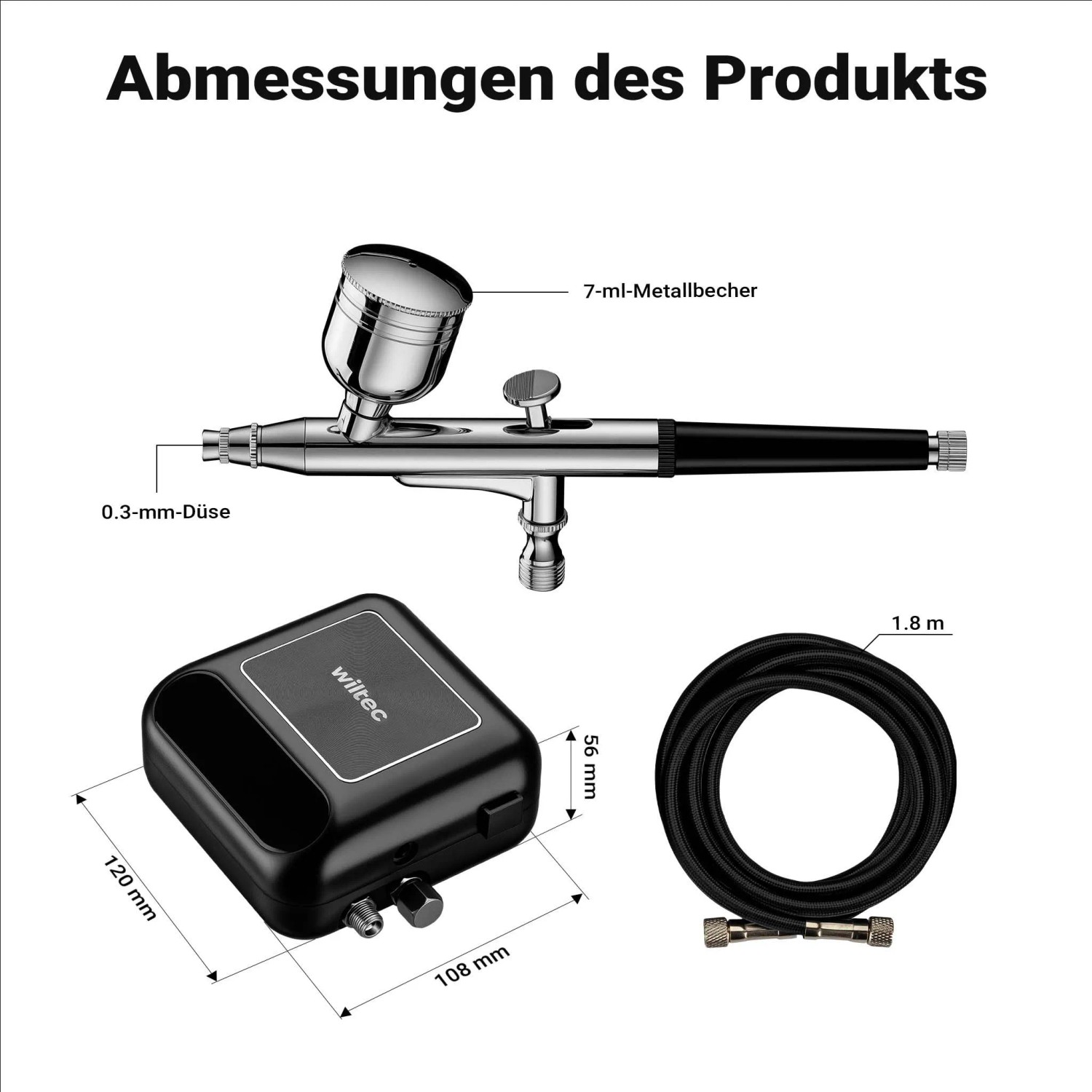 Airbrush Kompressor Set: Pistole mit 0,3mm Düse, 7ml Becher, Kompressor, Schlauch. Maße der Sprühgeräte.