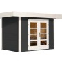 Modernes, anthrazitfarbenes Weka Holz-Gartenhaus mit Flachdach und Doppeltür.