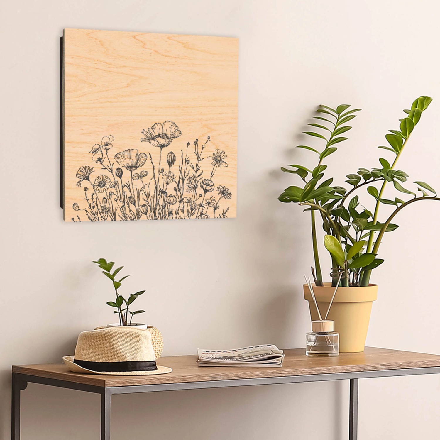 Banjado Schlüsselkasten aus Holz, 30x30cm, mit Blumenzeichnung in Schwarz-Weiß. Schlüsselaufbewahrung für 50 Schlüssel.