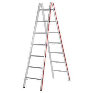 Hymer Sprossenstehleiter, 2x7 Sprossen, Aluminium mit roten Akzenten. Leiter für Heimwerker und Profis.