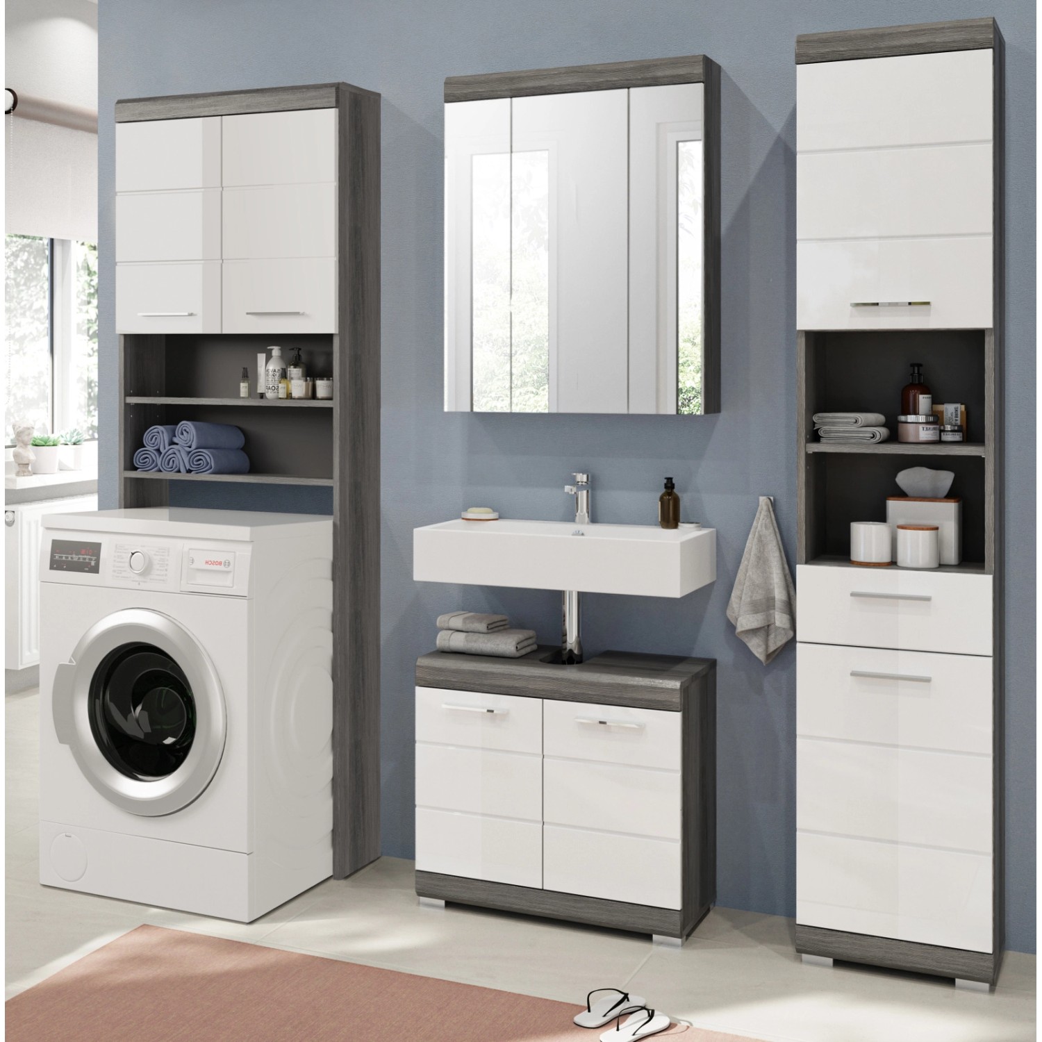 Inn.Furn Badmöbel-Set Weiß Hochglanz Grau 4-teilig 190 cm 23 Fächer Shawn günstig online kaufen