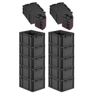 PROREGAL SuperSparSet: 10 schwarze Euroboxen mit Deckel, 20 Liter, stapelbar. Ideal zur Aufbewahrung.