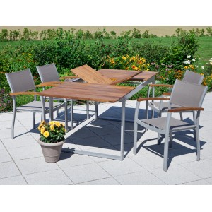 5-teiliges Gartenmöbel-Set Naxos grau mit Ausziehtisch aus Akazienholz und 4 Stühlen mit Textilbespannung.