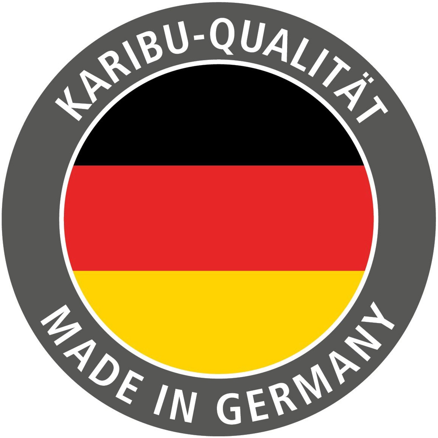 Karibu Qualitätssiegel: Made in Germany mit Deutschlandflagge für Massivholzsaunen.