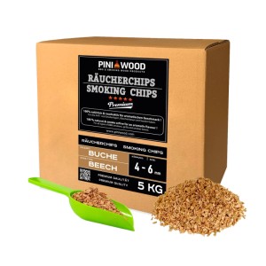 PINI Räucherchips Buche 5 kg, 4-6 mm, in Box mit Schaufel und Spänen. Ideal für Grill & Smoker.