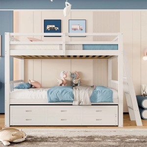 Weißes KOMHTOM Etagenbett 90x200 cm aus Kiefernholz mit Leiter, Ausziehbett und 3 Schubladen für Kinder.