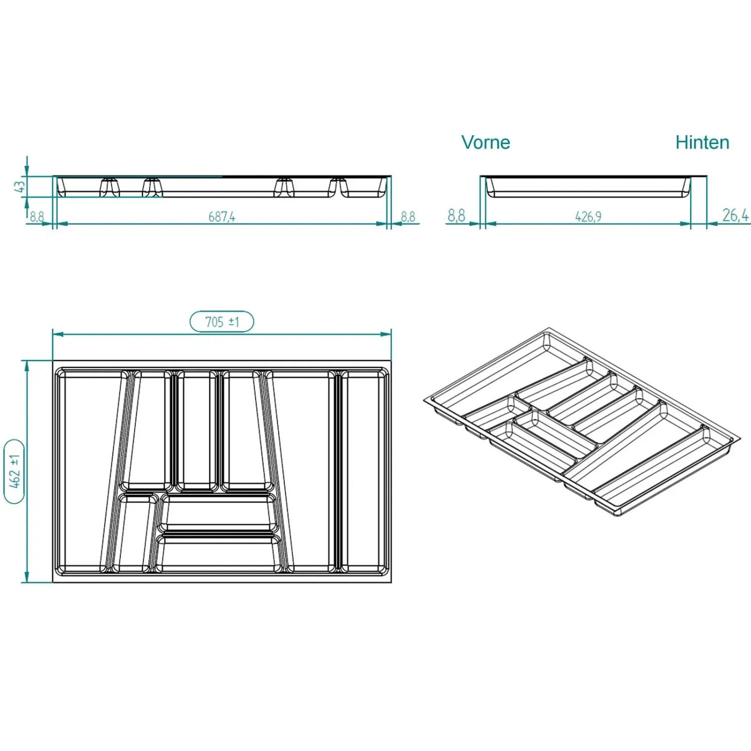Techn. Zeichnung SOTECH ORGA-BOX II Besteckeinsatz silbergrau für Nobilia Schubladen, Maße 705x462x45 mm, Kunststoff.