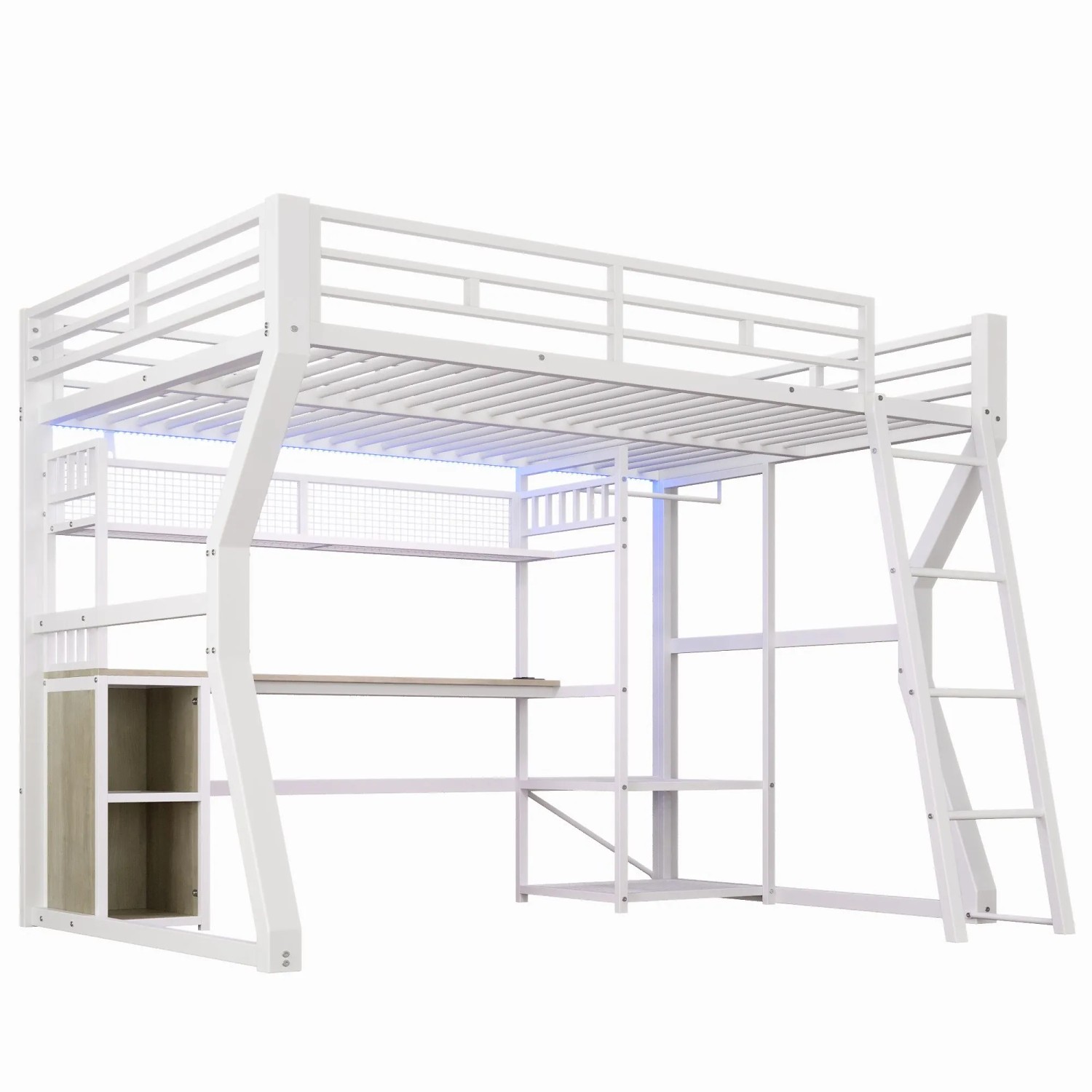 Merax Metall Hochbett 140x200 cm Mit Schreibtisch Steckdose Kleiderstange LED Weiß