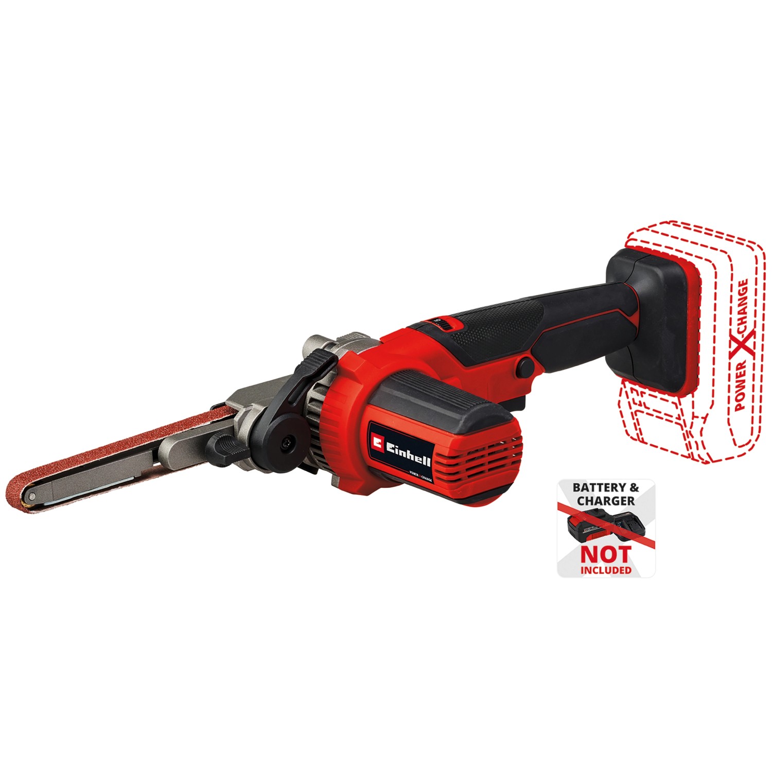 Einhell Akku-Bandfeile TE-BF 18 V Li-Solo (ohne Akku/Ladegerät) mit Schleifband und Transporttasche.