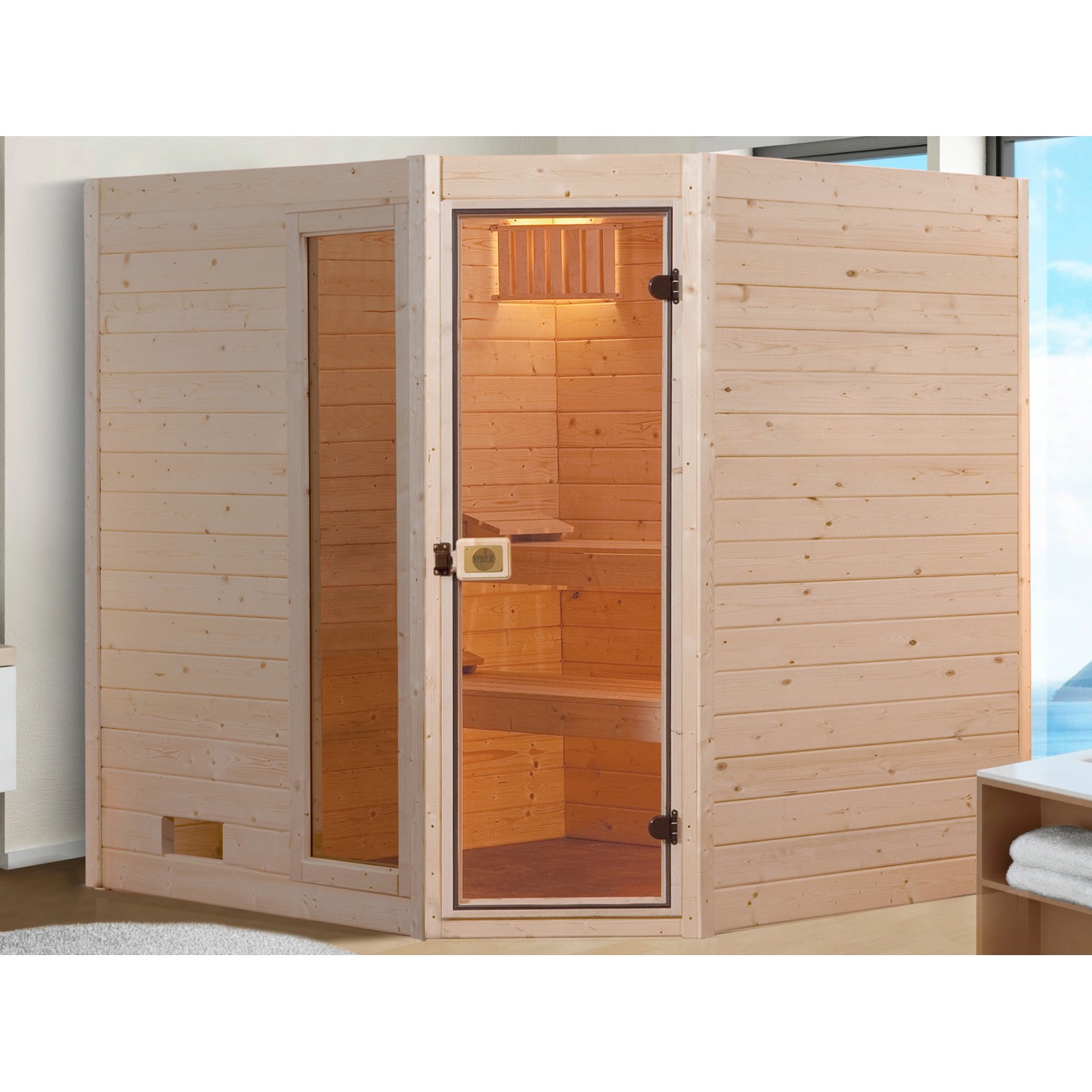 Weka Massivholzsauna 38 mm Valida Eck 1 mit Glastür und Fensterelement Sparset 2