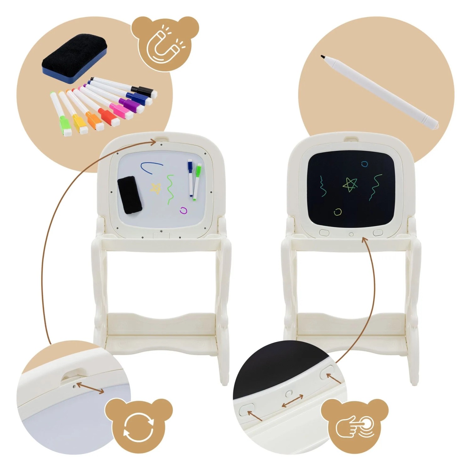 Weißer Joyz 3in1 Spieltisch mit LCD-Tafel und Whiteboard, Zubehör wie Stifte und Radierer. Vielseitiges Spielgerät für Kinder.