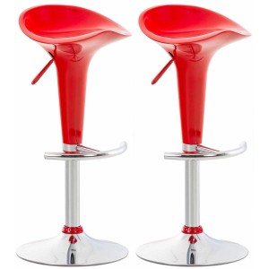 Zwei rote Barhocker Saddle aus Kunststoff mit verchromtem Metallgestell, höhenverstellbar und drehbar.