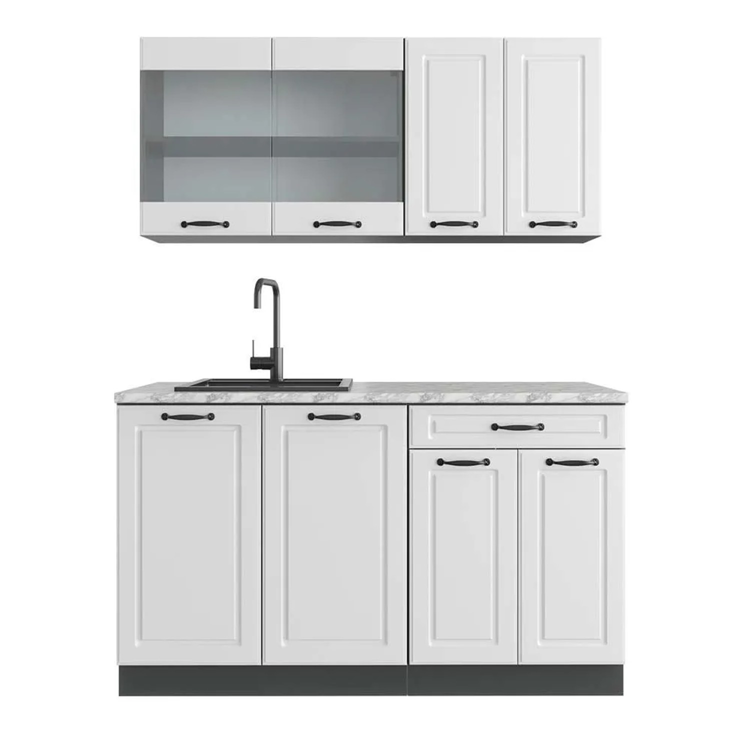Vicco R-Line Singleküche Weiß Landhaus Anthrazit 140 cm AP Marmor ohne E-Geräte