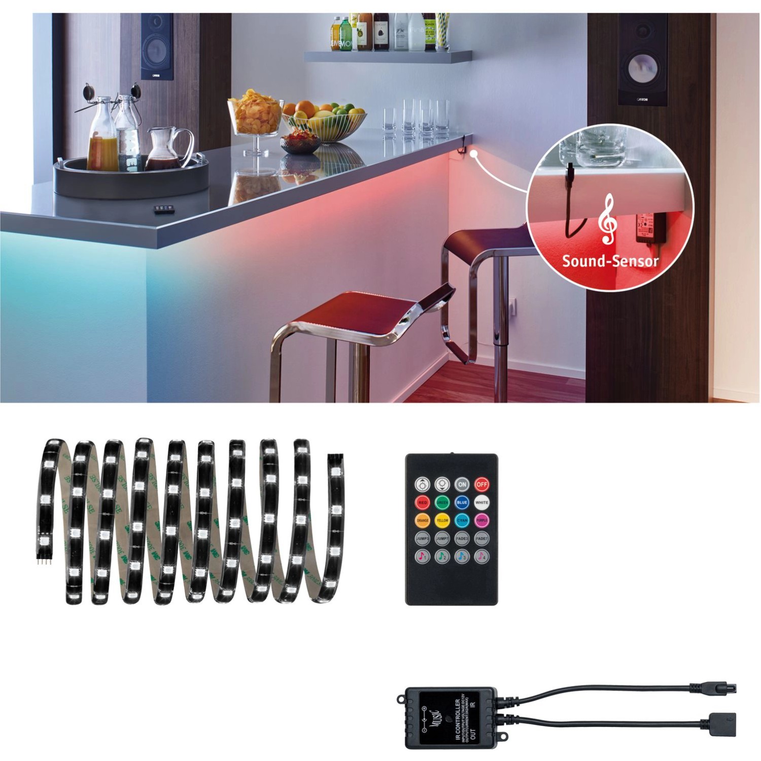 Paulmann YourLED RGB-Set: 3m LED-Streifen mit Sound-Sensor und Fernbedienung für musikgesteuerte Lichteffekte.