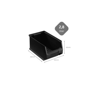 Schwarze, leitfähige Sichtlagerbox 3.0, 2,8 Liter, mit Maßangaben für Aufbewahrung.
