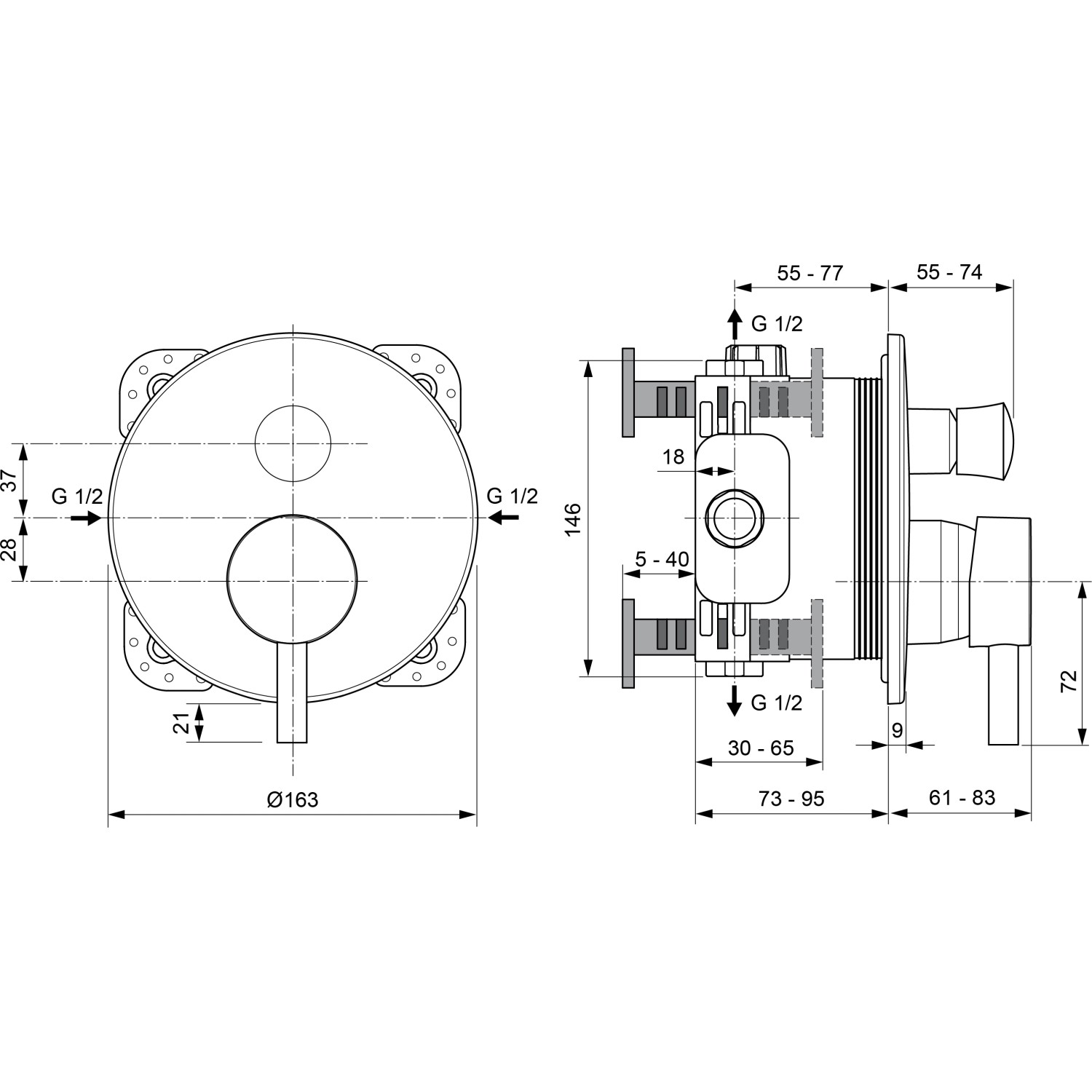 Technische Zeichnung Ideal Standard Ceraline Unterputz Badearmatur, Maße und Anschlüsse