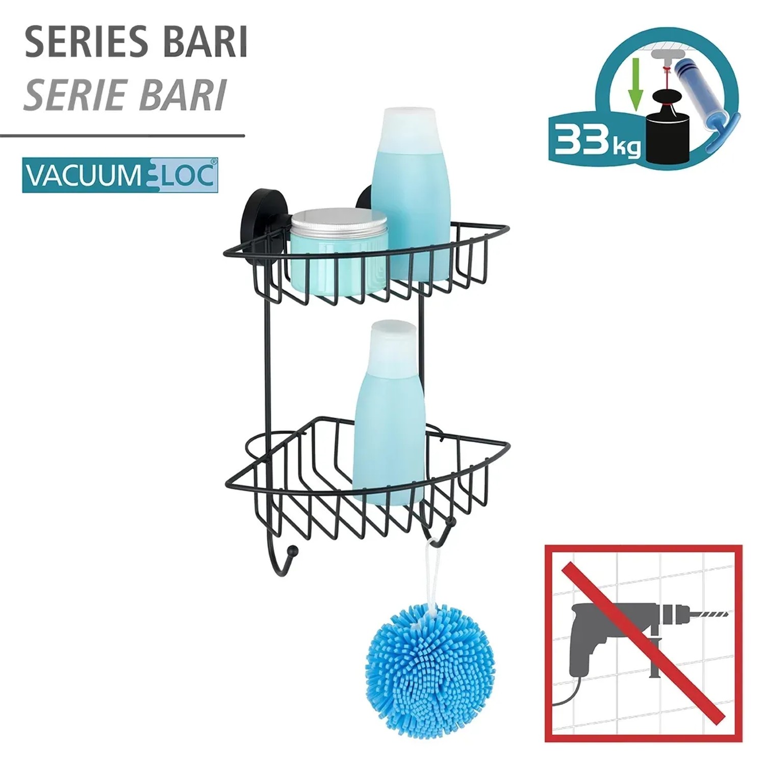 Schwarzes Wenko Eckregal Bari mit 2 Etagen und Shampoo/Duschgel, befestigt mit Vacuum-Loc System.