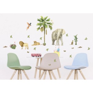 Wandtattoo Dschungeltiere Grün (65x42,5cm) mit Elefant, Löwe, Palme und weiteren Motiven.