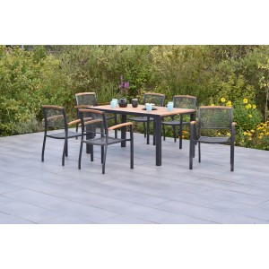 Merxx Gartenmöbelset Tilos, 7-teilig mit Stapelsesseln und Tisch (150x90cm) aus Akazienholz und Aluminium.
