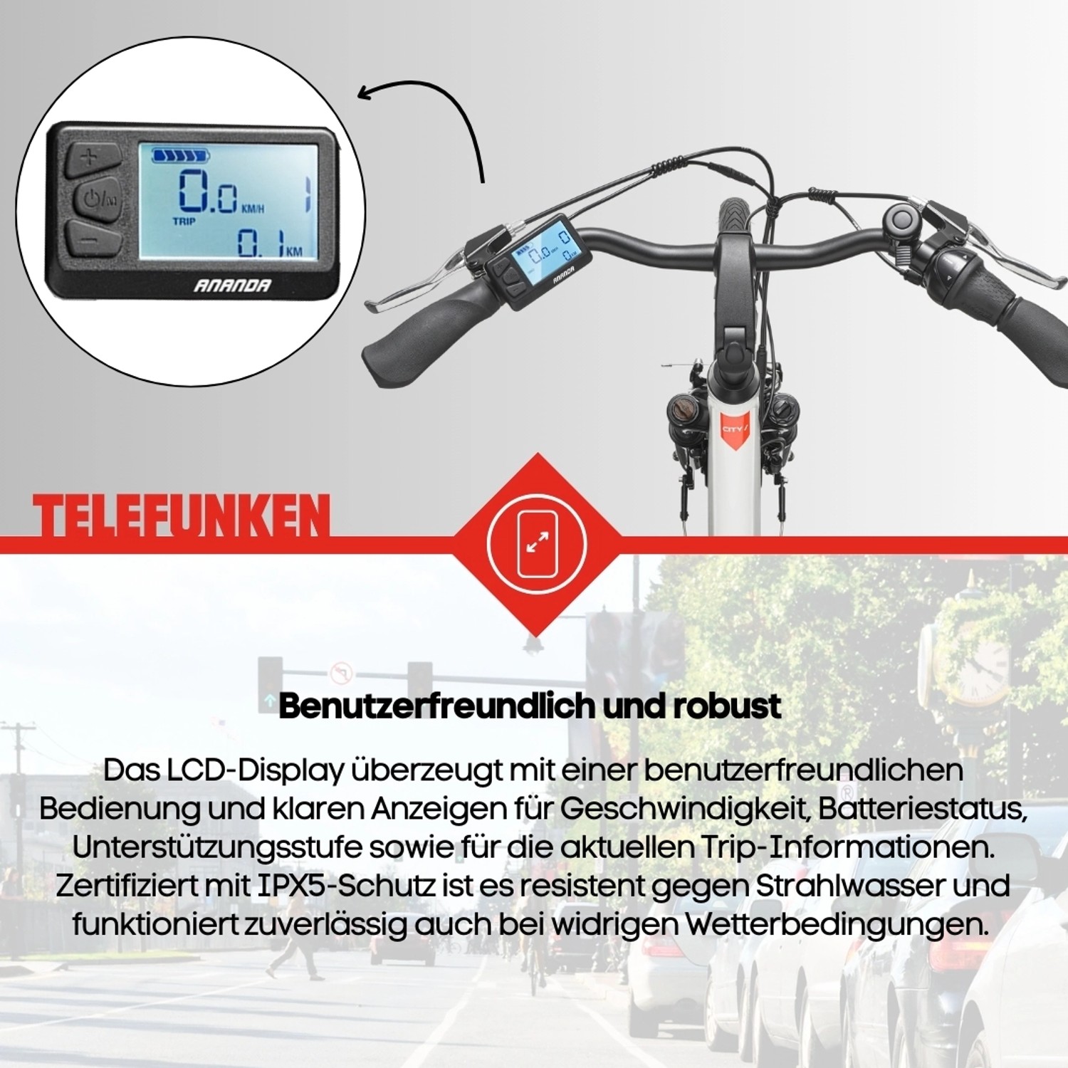 Telefunken City E-Bike: Detailaufnahme des LCD-Displays am Lenker.