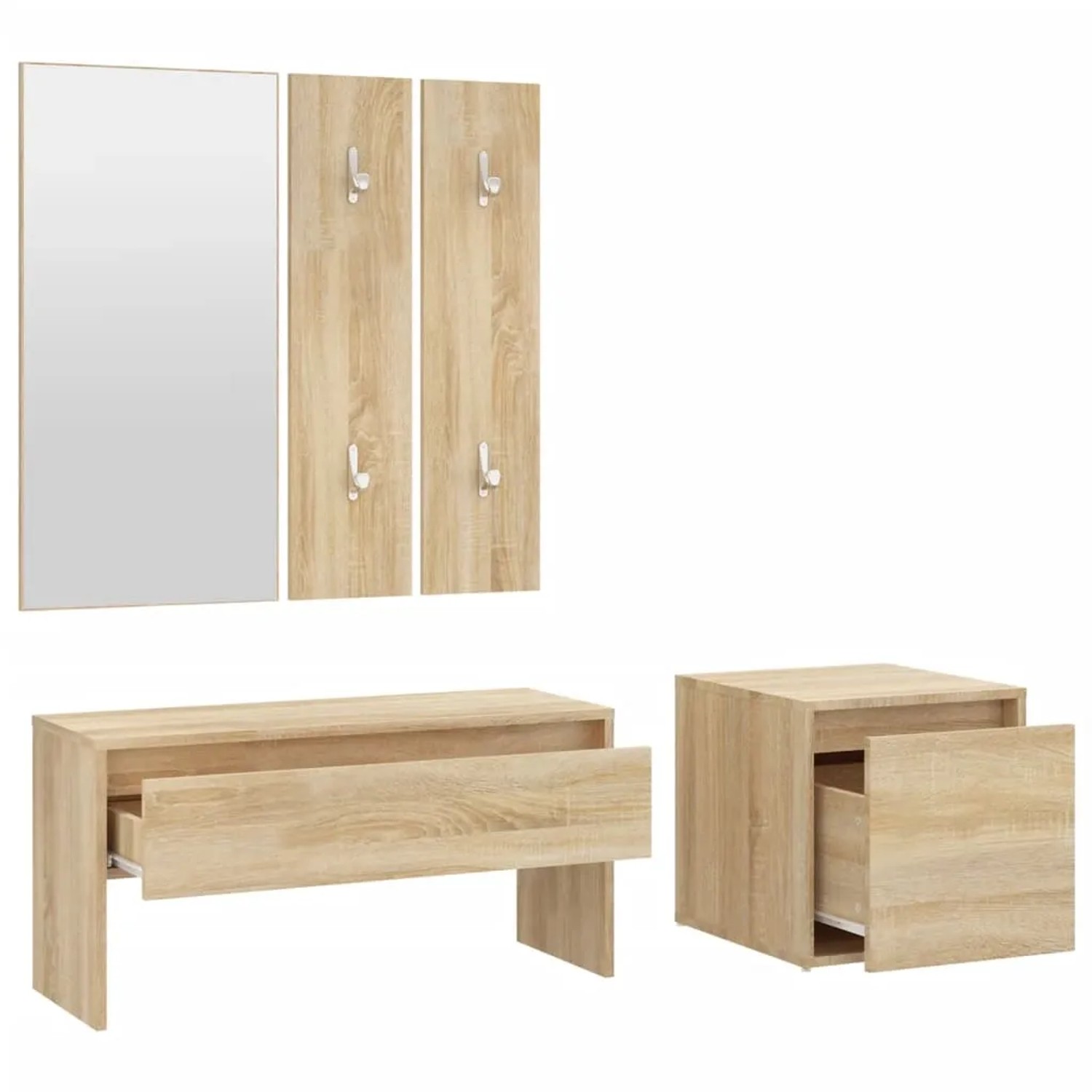 vidaXL Flurmöbel-Set Sonoma-Eiche: Bank, Spiegel, Garderobe, Box mit Schublade.